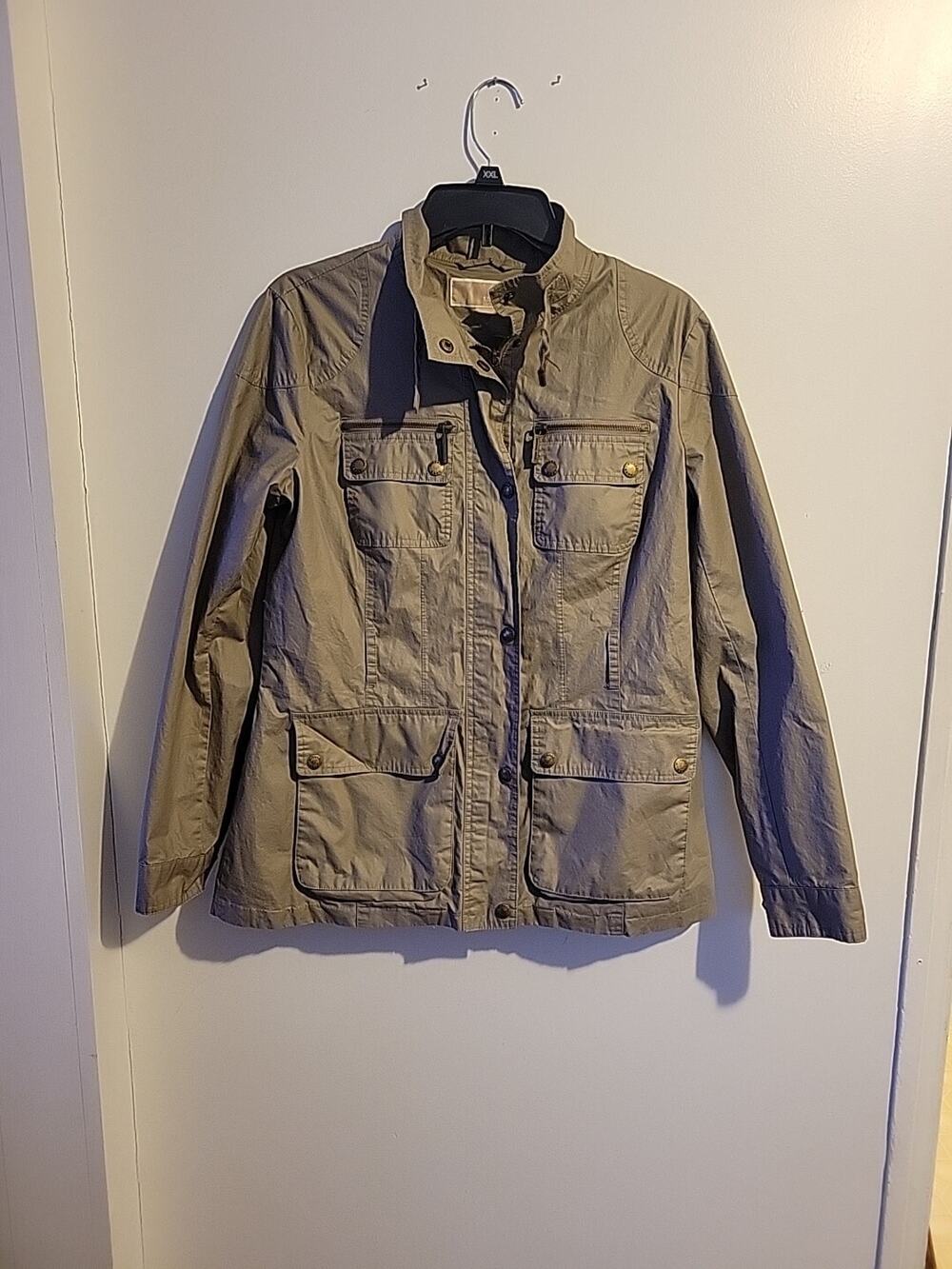 Michael Kors Green Cotton Military Style Jacket Belted Collar Pockets Womens M